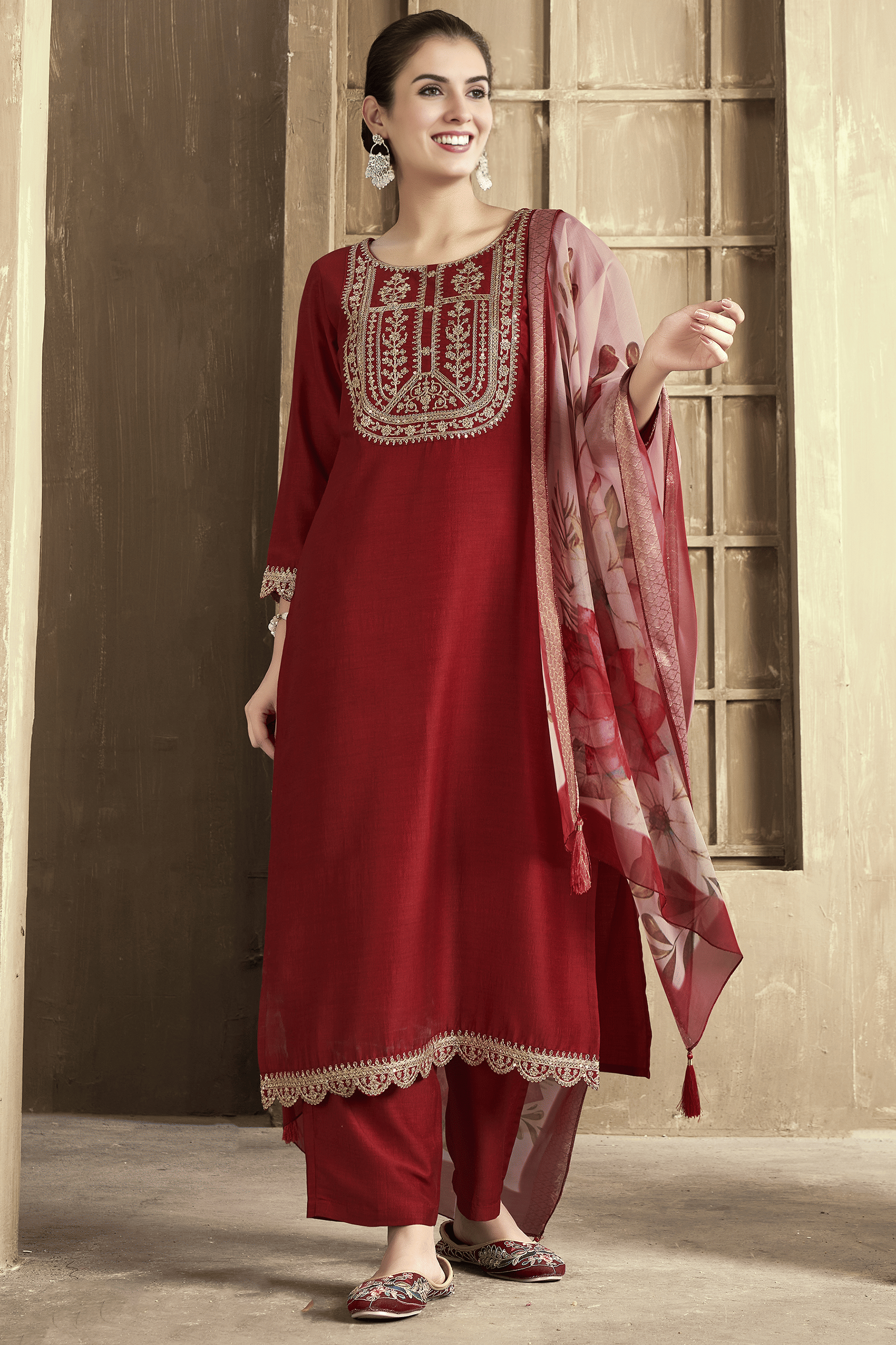 Royal Export Women Chanderi Embroidered Straight Kurti With Pants ( Mustard )