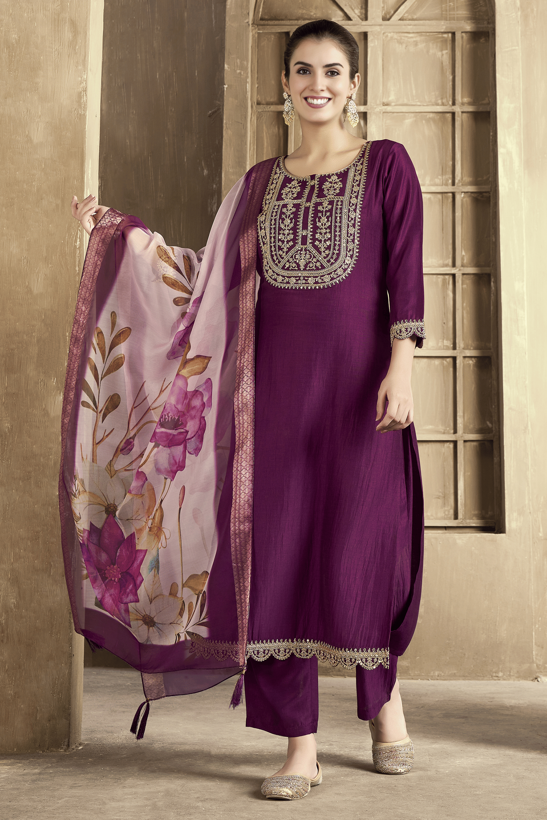 Royal Export Women Chanderi Embroidered Straight Kurti With Pants ( Wine )     			Royal Export Women Chanderi Embroidered Straight Kurti With Pants ( Wine )