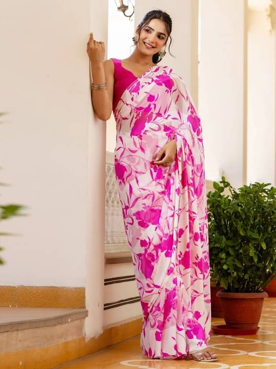 Sanjana Silk Satin Printed Maheshwari Saree With Unstitched Blouse Piece ( Pink ) Sanjana Silk Satin Printed Maheshwari Saree With Unstitched Blouse Piece ( Pink )