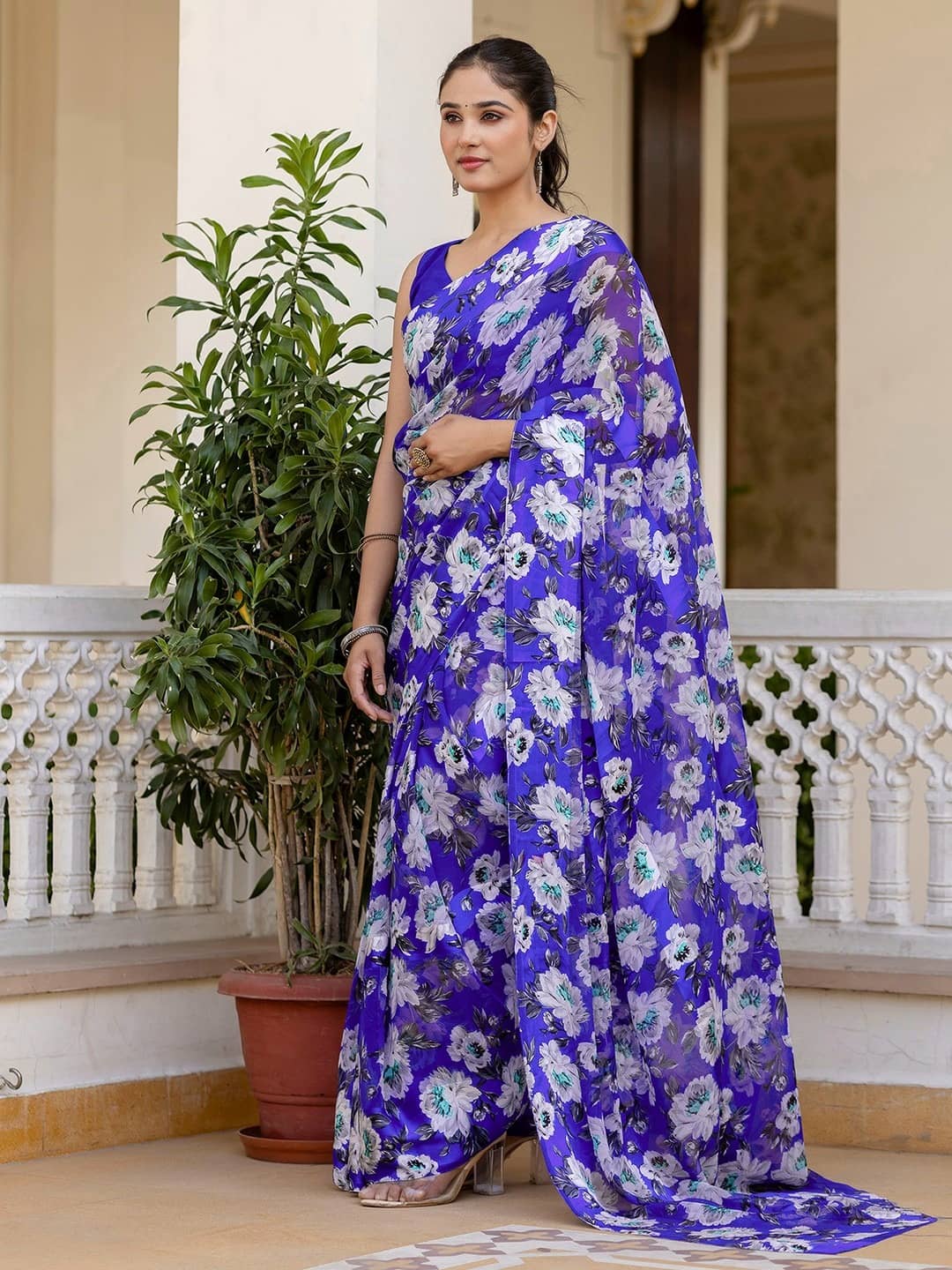 Sanjana Silk Satin Printed Maheshwari Saree With Unstitched Blouse Piece ( Blue ) - Sarees | Buy online on ZillyBuy