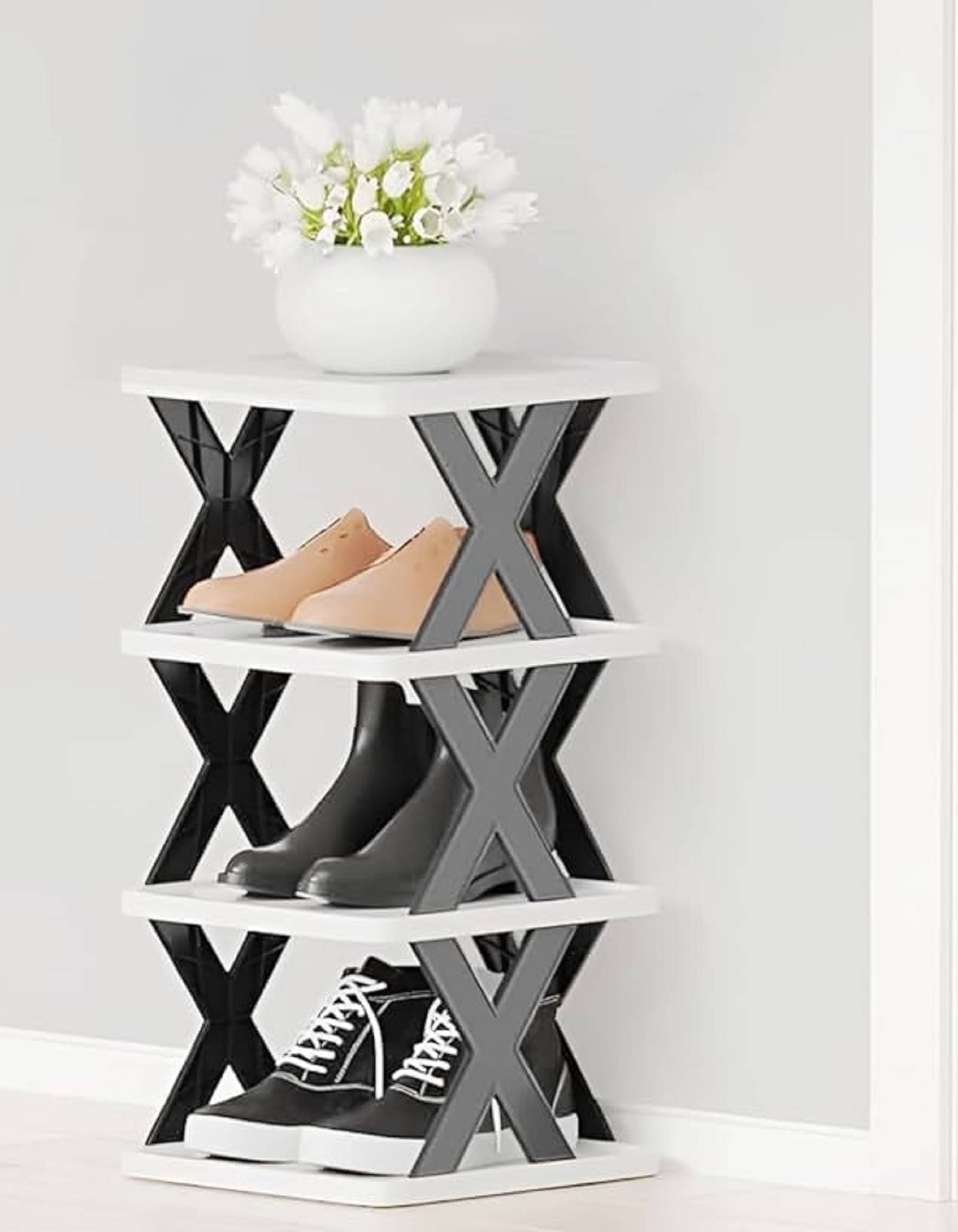    			Shopeleven 4 Layer Shoe Rack for Home Plastic, Adjustable Stand Organizer Stackable Storage Bedroom Entryway Shelf Footwear Collapsible Corner Tower Shoes and Book Slots Rack