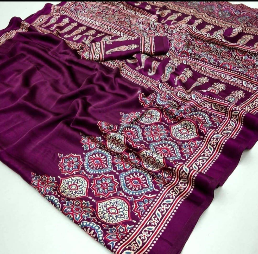 Sitanjali Crepe Printed Sambalpuri Saree With Unstitched Blouse Piece ( Wine ) Sitanjali Crepe Printed Sambalpuri Saree With Unstitched Blouse Piece ( Wine )