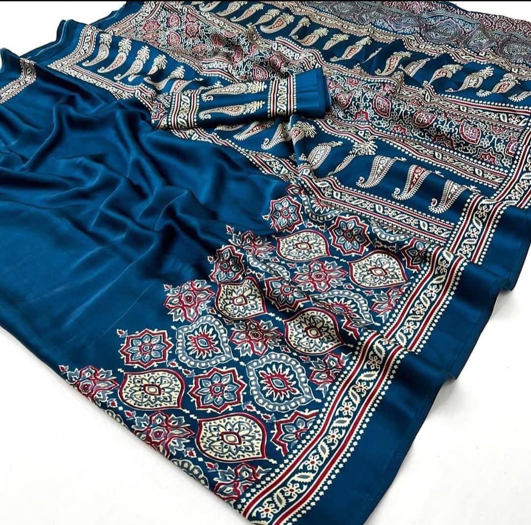 Sitanjali Crepe Printed Sambalpuri Saree With Unstitched Blouse Piece ( Rama ) Sitanjali Crepe Printed Sambalpuri Saree With Unstitched Blouse Piece ( Rama )