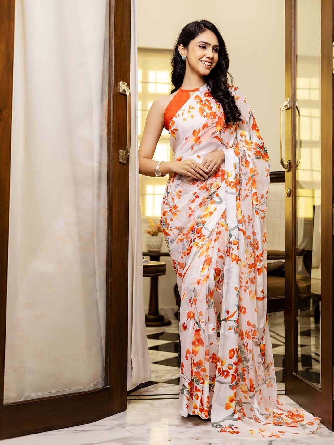 Sitanjali Satin Printed Maheshwari Saree With Unstitched Blouse Piece ( Orange ) Sitanjali Satin Printed Maheshwari Saree With Unstitched Blouse Piece ( Orange )