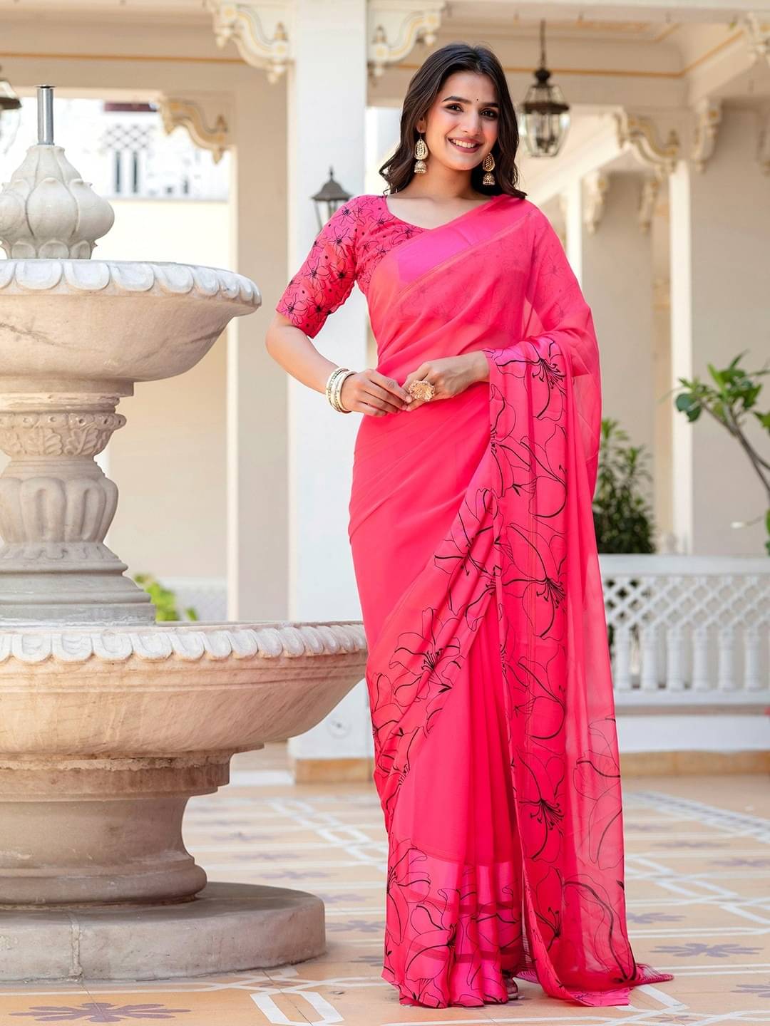 Sitanjali Satin Printed Maheshwari Saree With Unstitched Blouse Piece ( Pink ) Sitanjali Satin Printed Maheshwari Saree With Unstitched Blouse Piece ( Pink )