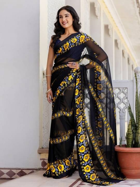 Sitanjali Satin Printed Maheshwari Saree With Unstitched Blouse Piece ( Yellow ) Sitanjali Satin Printed Maheshwari Saree With Unstitched Blouse Piece ( Yellow )