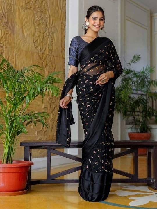Sitanjali Satin Printed Maheshwari Saree With Unstitched Blouse Piece ( Black ) Sitanjali Satin Printed Maheshwari Saree With Unstitched Blouse Piece ( Black )