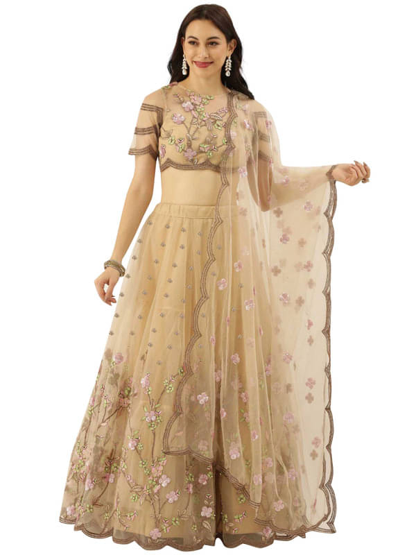Supar Sleave Beige Net Chaniya Choli Semi Stitched Lehenga Single     			Supar Sleave Beige Net Chaniya Choli Semi Stitched Lehenga Single