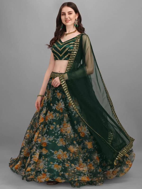     			Supar Sleave Green Organza Chaniya Choli Semi Stitched Lehenga Single