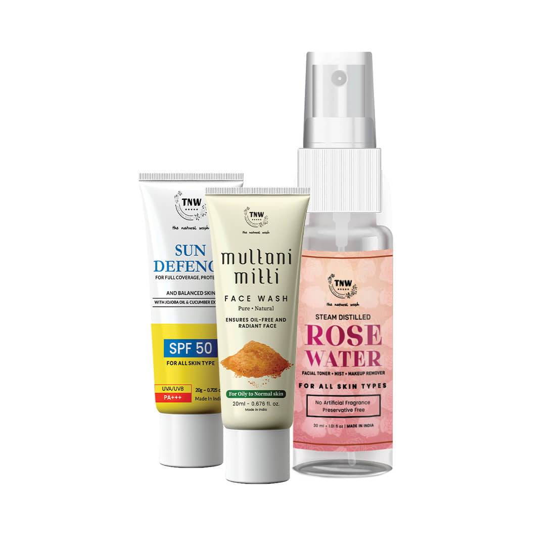 TNW The Natural Wash Rose Water 10ml, Sun Defence SPF 50 Cream 20gm and Multani Mitti Face Wash 20ml Combo