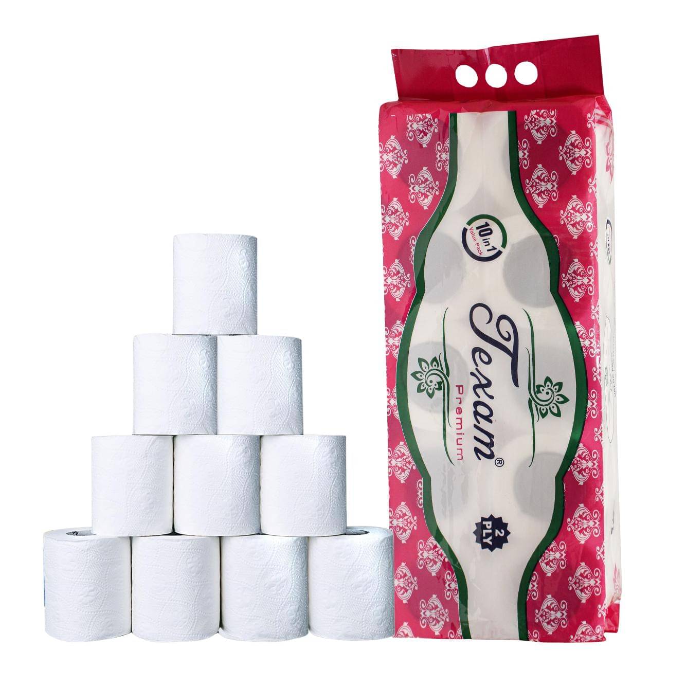 Texam 2 Ply Soft And Highly Absorbent Toilet Tissue Paper | 100% Natural Virgin Cellulose Fiber - Pack of 10 (210 Pulls Per Roll, 2100 Sheets) Texam 2 Ply Soft And Highly Absorbent Toilet Tissue Paper | 100% Natural Virgin Cellulose Fiber - Pack of 10 (210 Pulls Per Roll, 2100 Sheets)
