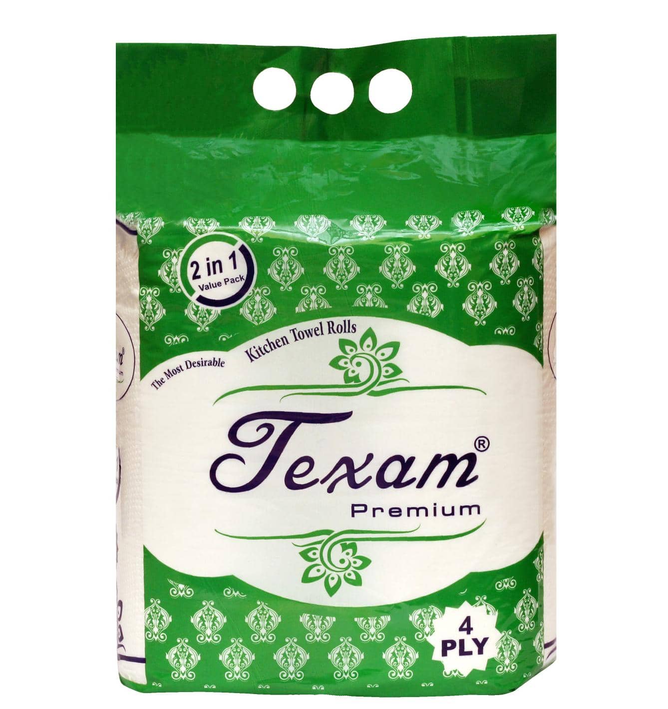 Texam 4 Ply Kitchen Tissue/Towel Paper Roll 300 Sheets | 75 Pulls X 2 Rolls | Soft and Highly Absorbent | 100% Natural Virgin Cellulose Fiber