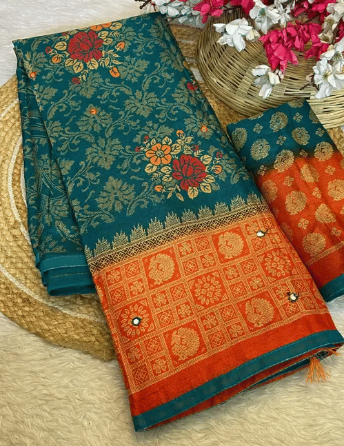     			VAANISRI Jute Printed Saree With Unstitched Blouse Piece ( Teal )