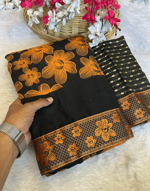 VAANISRI Silk Printed Saree With Unstitched Blouse Piece ( Orange ) VAANISRI Silk Printed Saree With Unstitched Blouse Piece ( Orange )
