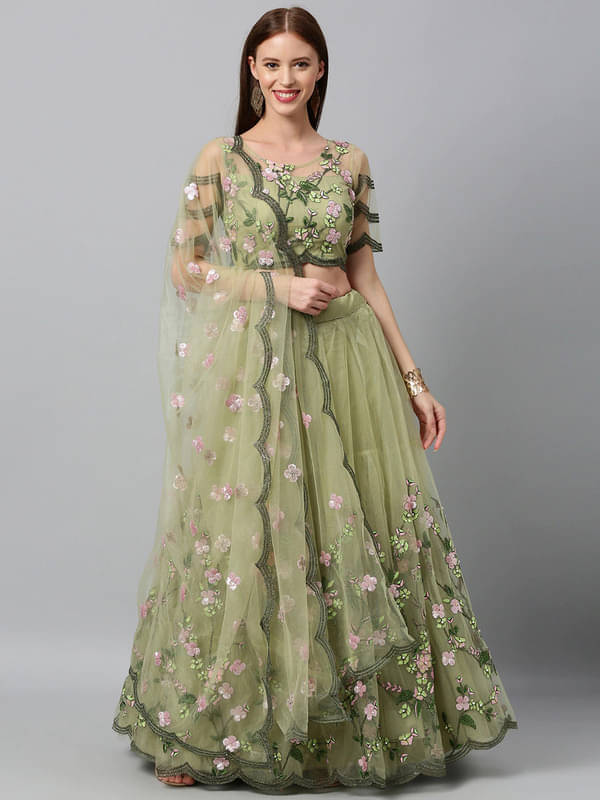     			piludi Green Net Chaniya Choli Semi Stitched Lehenga Single