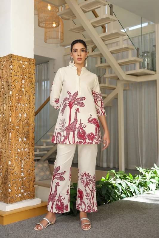     			shree creation Women Printed Tunic With Trousers Co-Ord Set ( White )