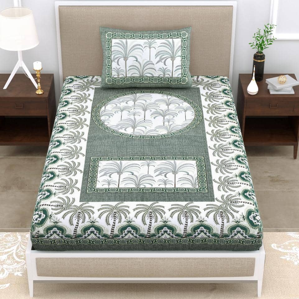 ABHACLOTHO Cotton 1 Single Bedsheet with 1 Pillow Cover ( Green )
