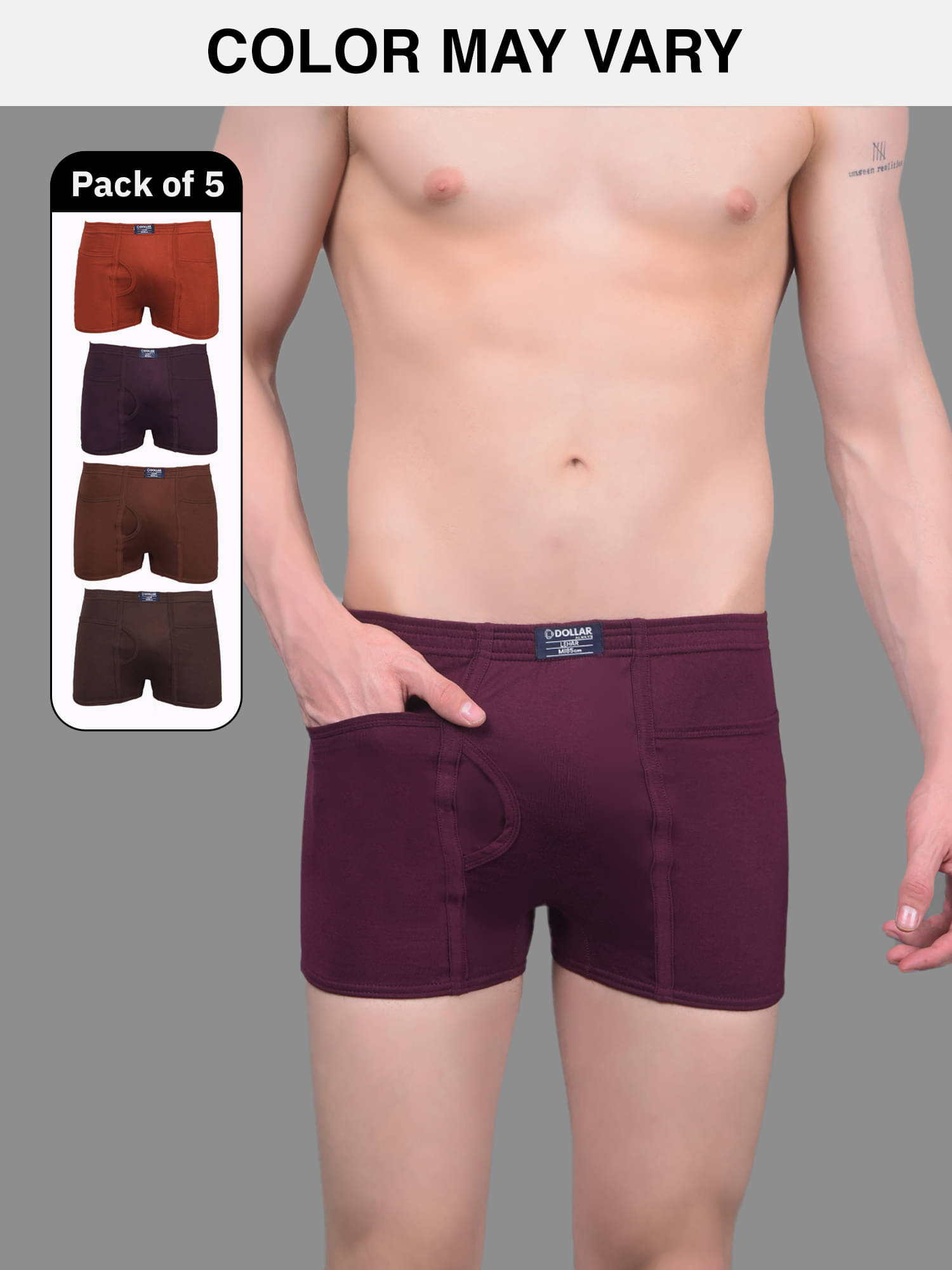     			Dollar Lehar Mens Combed Cotton Trunk - Pack of 5 - (Colour May Vary)