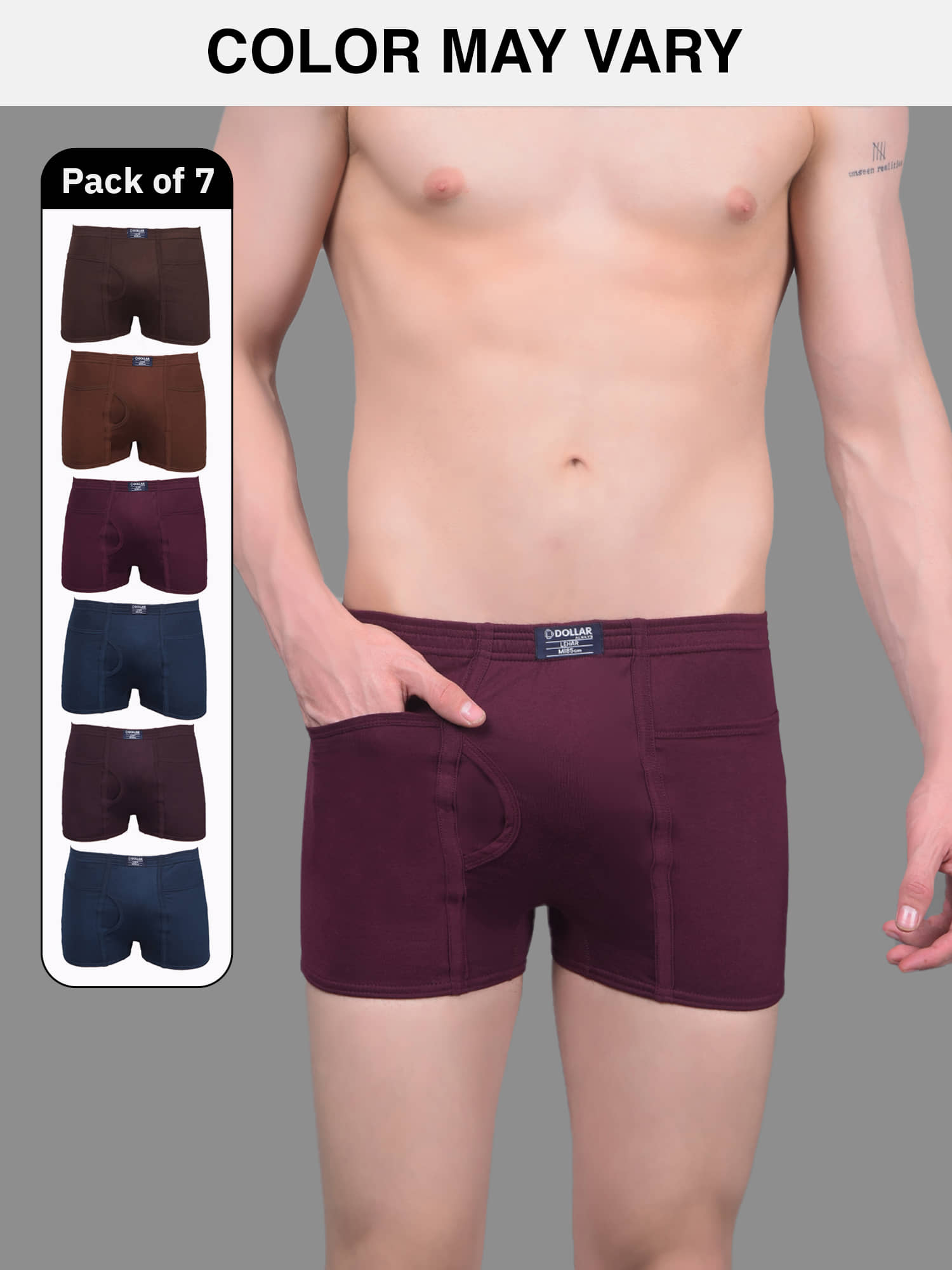 Dollar Lehar Mens Combed Cotton Trunk - Pack of 7 - (Colour May Vary)