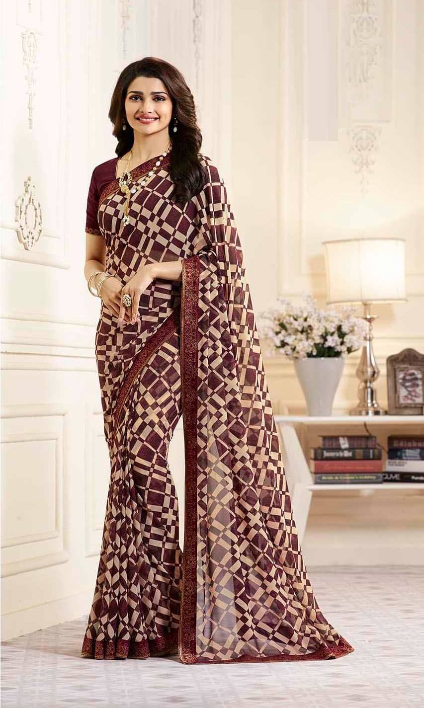 Gazal Fashions Chiffon Printed Saree With Unstitched Blouse Piece ( Maroon ) - Sarees | Buy online on ZillyBuy