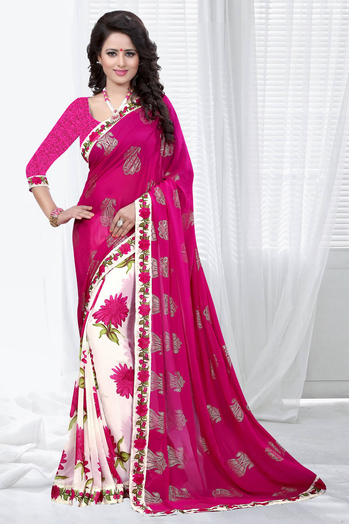 Gazal Fashions Chiffon Printed Saree With Unstitched Blouse Piece ( Multicolor ) - Sarees | Buy online on ZillyBuy