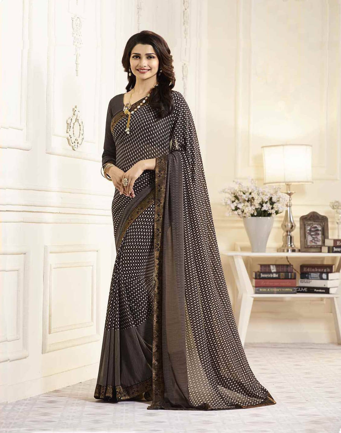 Gazal Fashions Chiffon Printed Saree With Unstitched Blouse Piece ( Brown ) - Sarees | Buy online on ZillyBuy