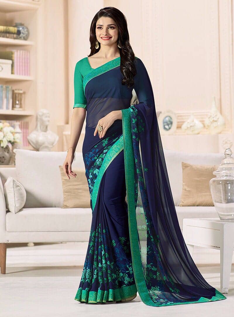 Gazal Fashions Silk Blend Printed Saree With Unstitched Blouse Piece ( Blue ) - Sarees | Buy online on ZillyBuy
