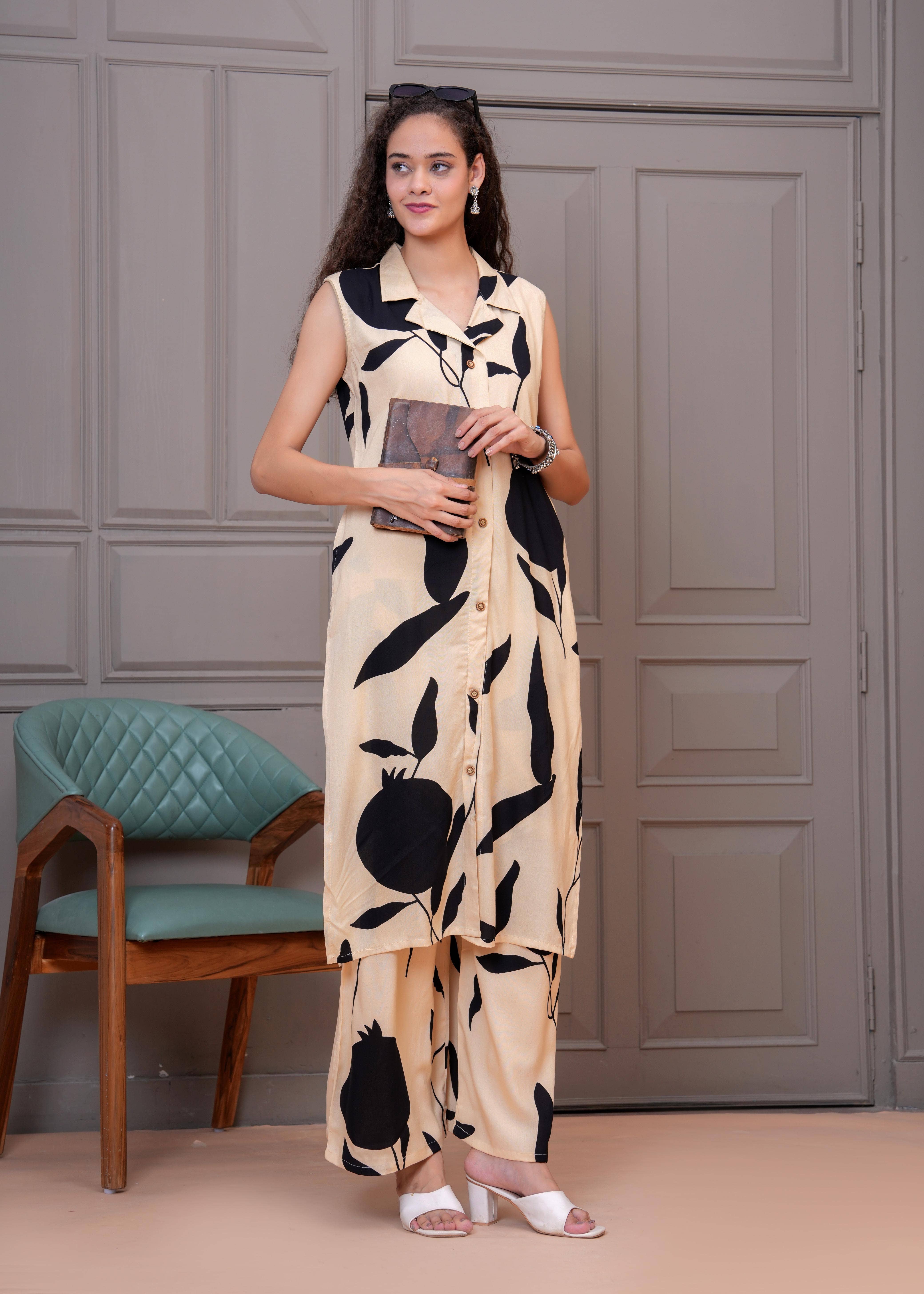 HIGHLIGHT FASHION EXPORT Women Rayon Printed A-line Kurti With Palazzo ( Beige )