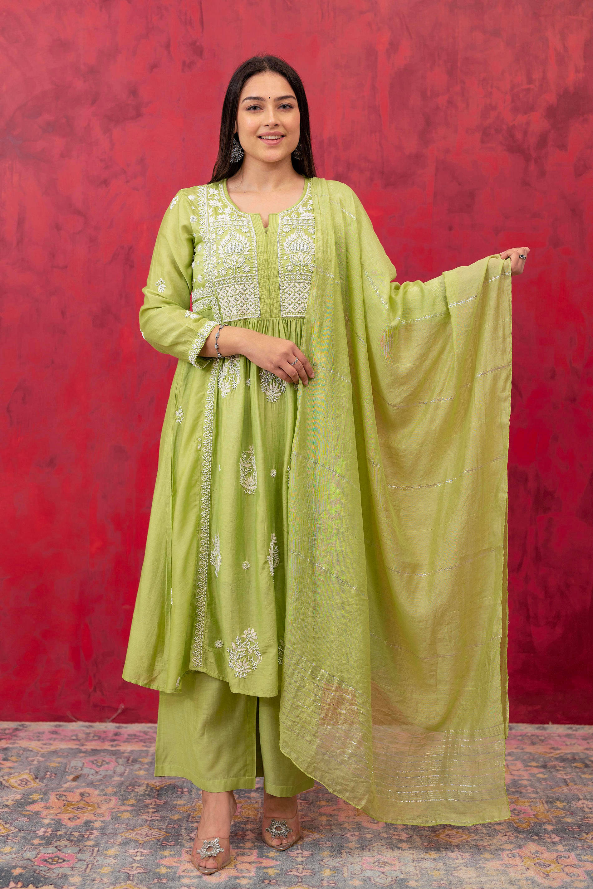     			Juniper Women Chanderi Embroidered Flared Kurti With Pants ( Lime Green )