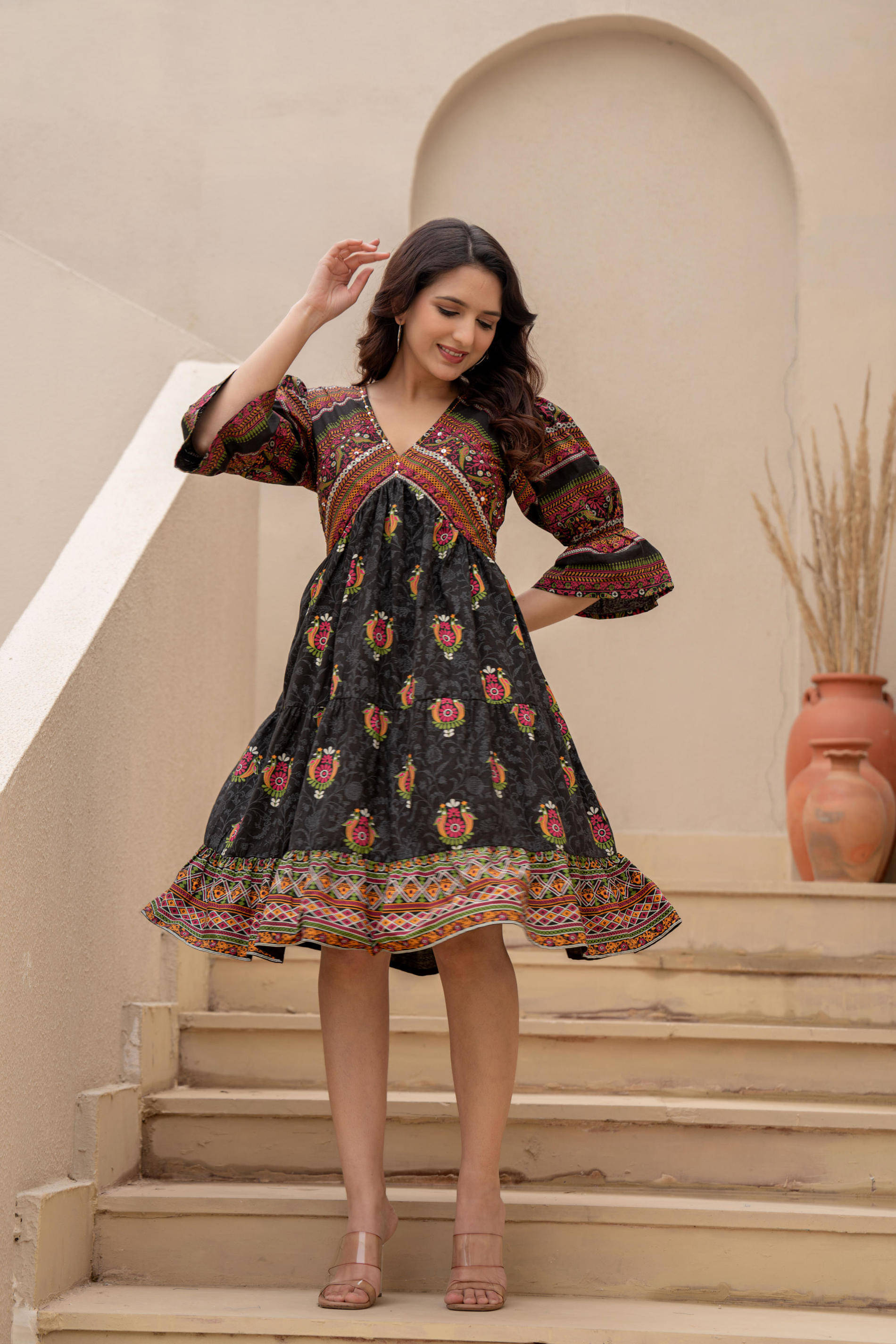 Juniper Women Cotton Printed Ethnic Dress ( Black )     			Juniper Women Cotton Printed Ethnic Dress ( Black )