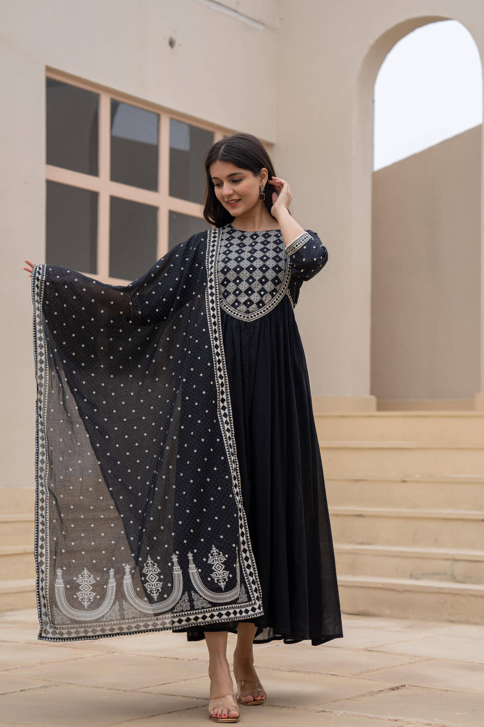     			Juniper Women Cotton Embroidered Ethnic Dress ( Black )