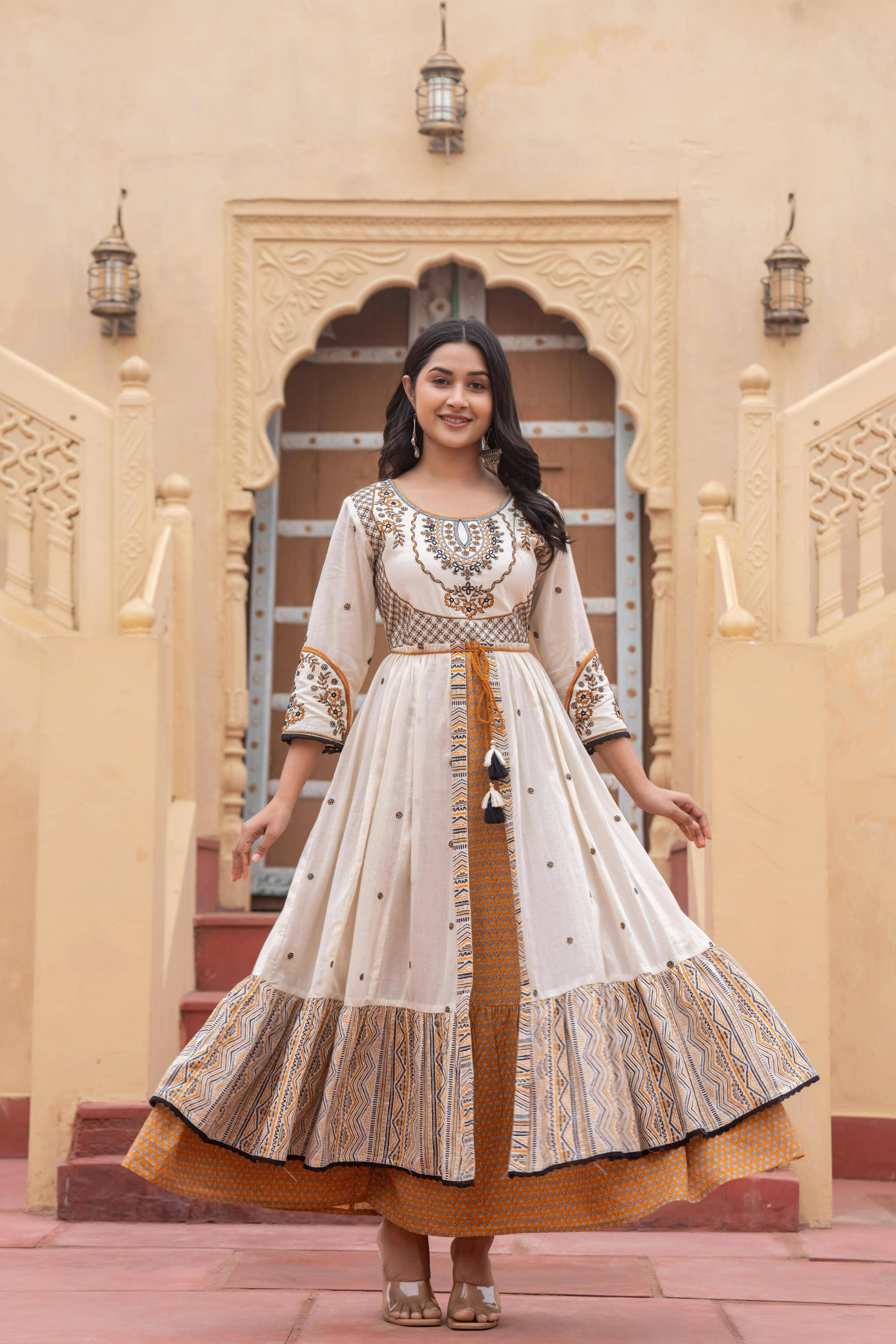     			Juniper Women Cotton Embroidered Ethnic Dress ( Mustard )