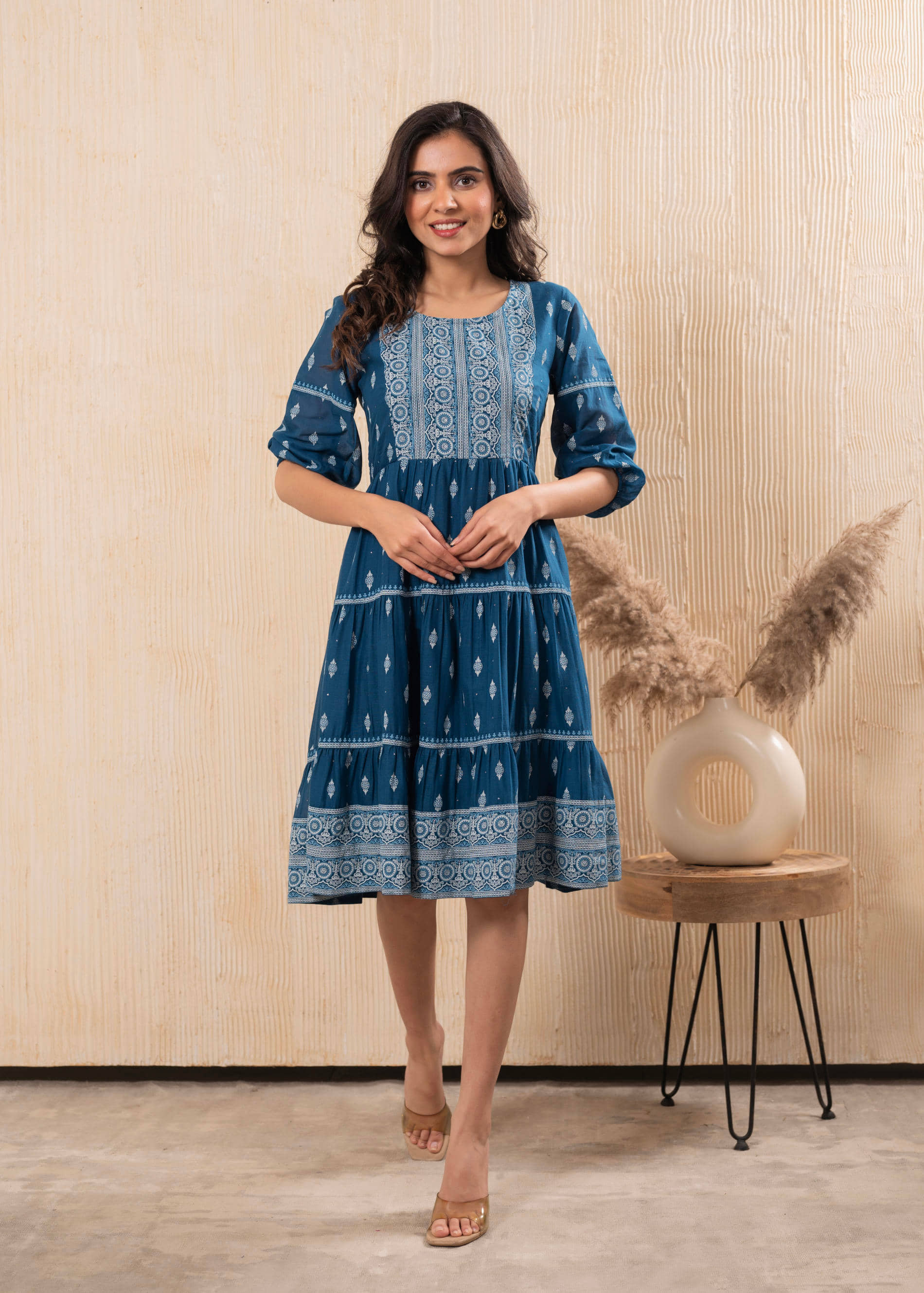 Juniper Women Cotton Printed Ethnic Dress ( Blue )