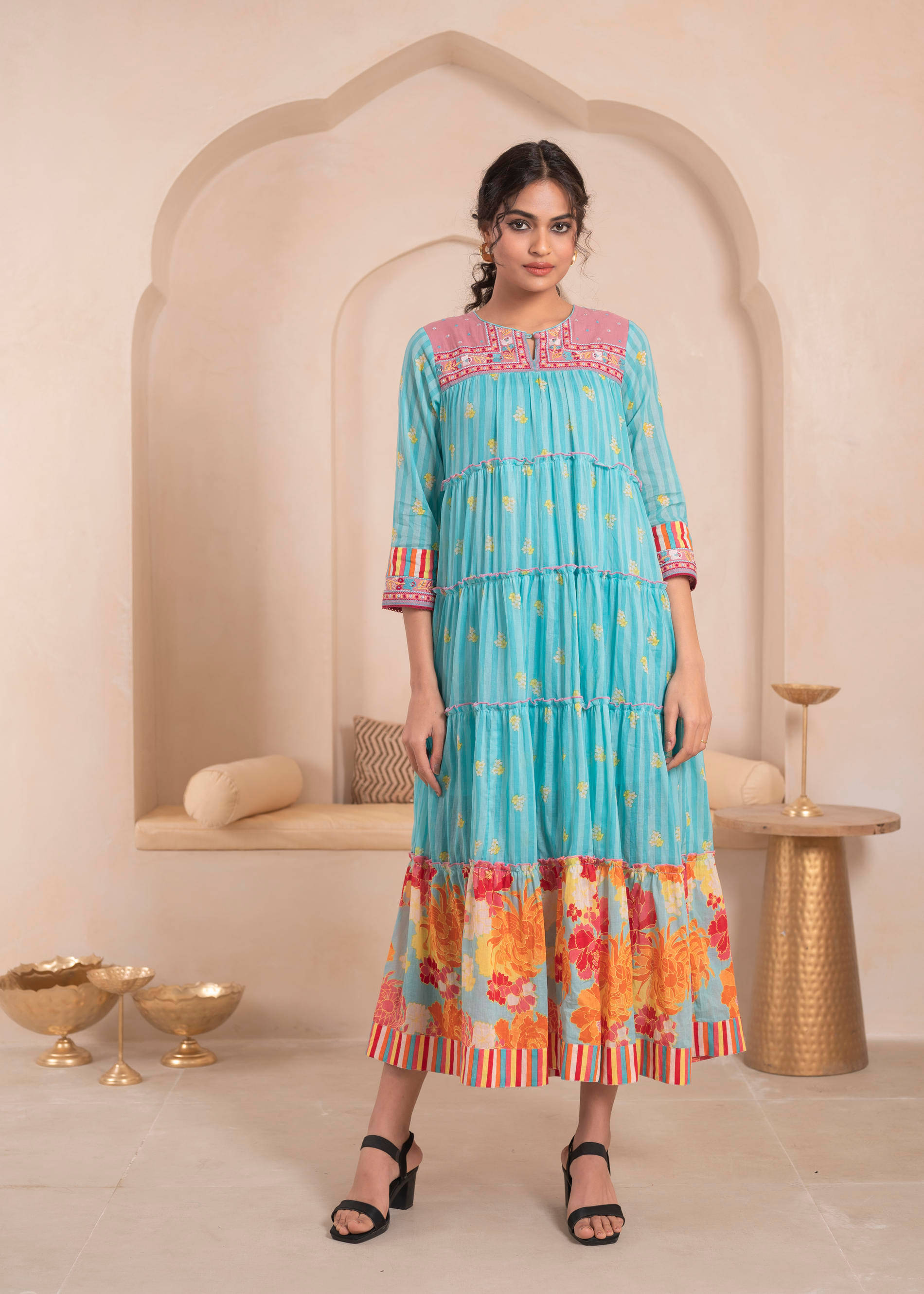 Juniper Women Cotton Printed Ethnic Dress ( Blue ) Juniper Women Cotton Printed Ethnic Dress ( Blue )
