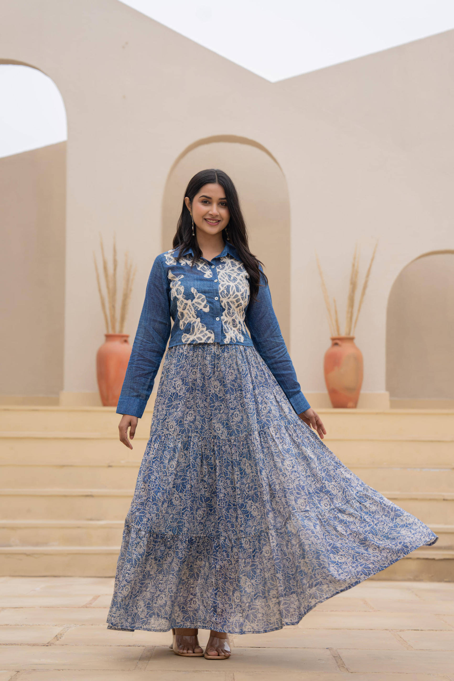     			Juniper Women Cotton Embroidered Ethnic Dress ( Blue )