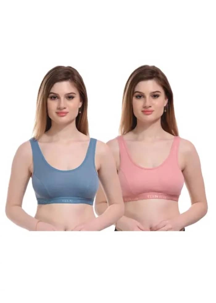 Kiran Enterprises Blue,Pink Cotton Non Padded Women's Sports Bra ( Pack of 2 )