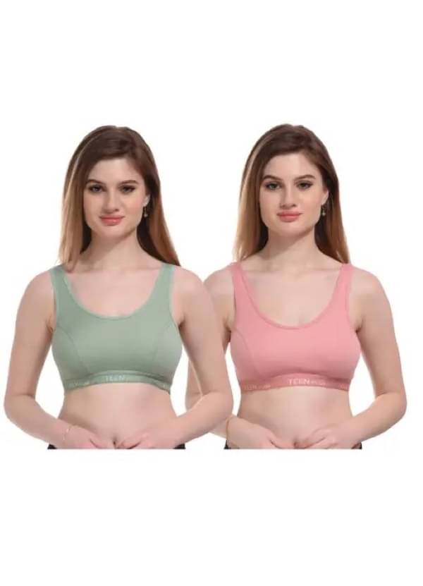 Kiran Enterprises Green,Pink Cotton Non Padded Women's Sports Bra ( Pack of 2 )     			Kiran Enterprises Green,Pink Cotton Non Padded Women's Sports Bra ( Pack of 2 )