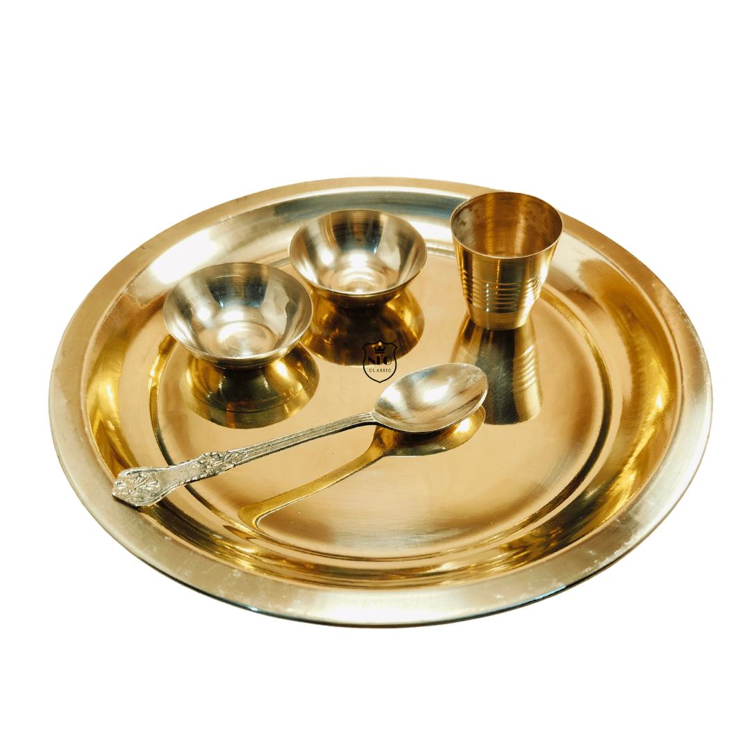     			Neo Classic Brass Bhog Thali (Plate) Set – 5 Pieces (8 Inch) | Pooja Plate with Glass, Spoon & 2 Katoris