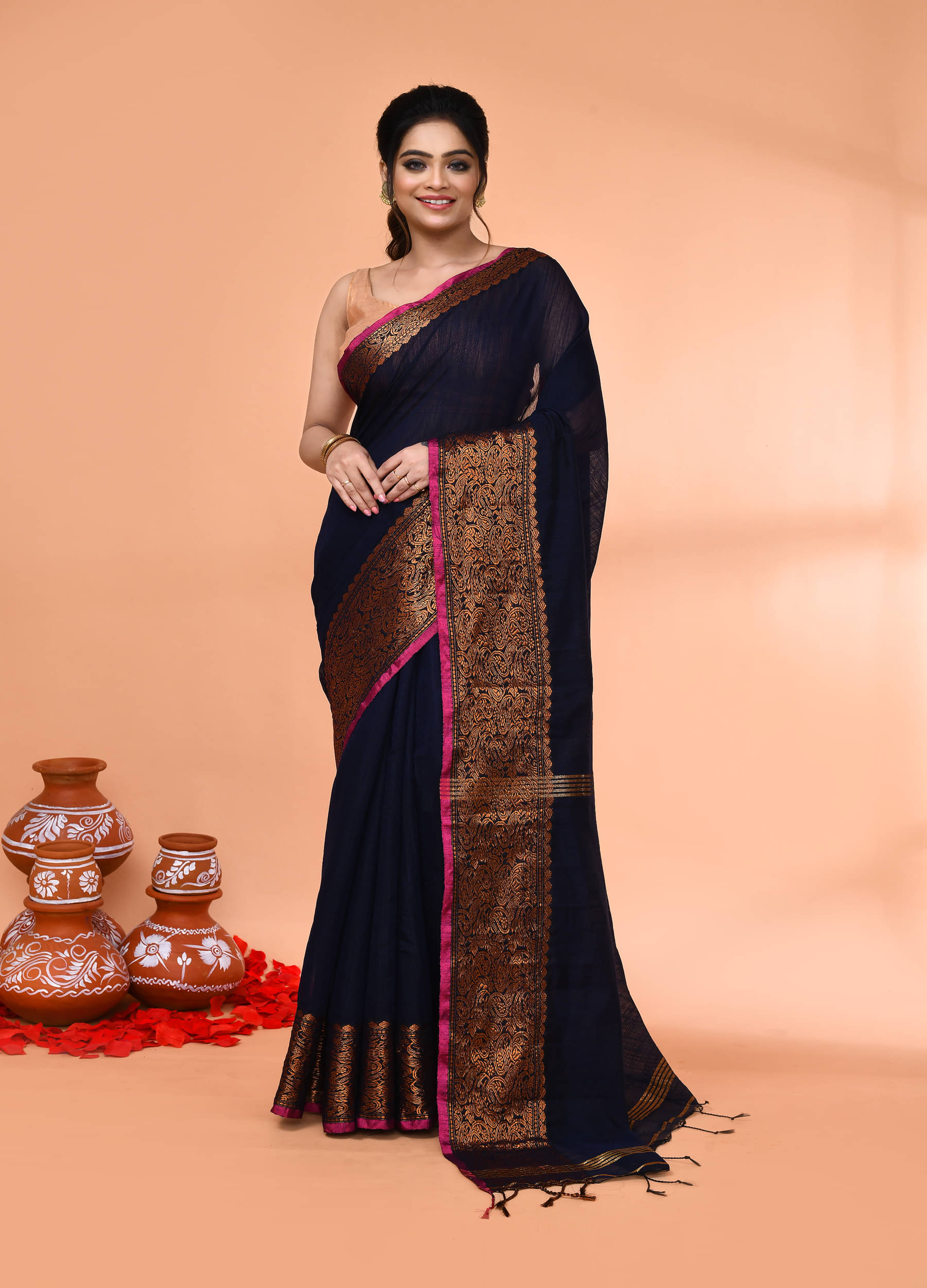     			PIYARI FASHION Cotton Blend Woven Tant Saree With Unstitched Blouse Piece ( Navy Blue )
