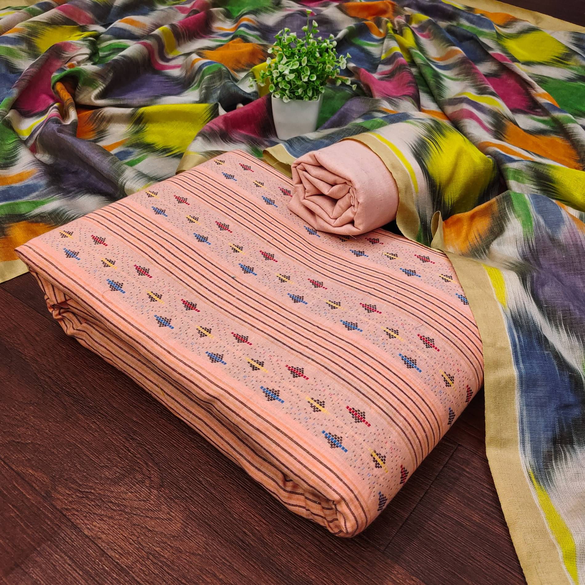 Rangtulika Ethnics Women Cotton Unstitched Dress Material ( Peach ) Rangtulika Ethnics Women Cotton Unstitched Dress Material ( Peach )