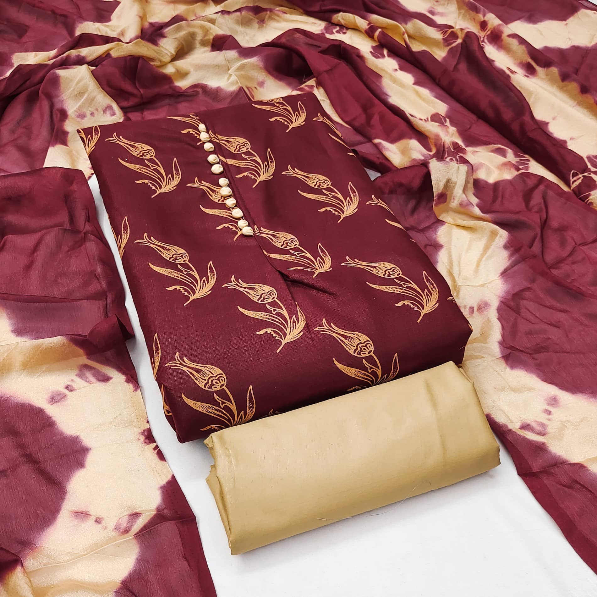 Rangtulika Ethnics Women Cotton Unstitched Dress Material ( Maroon ) - Unstitched Fabrics | Buy online on ZillyBuy