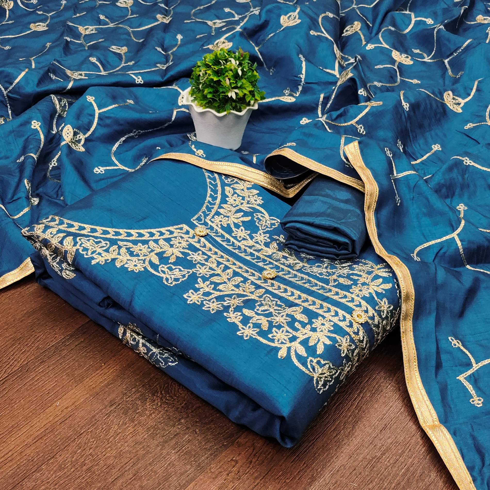 Rangtulika Ethnics Women Silk Unstitched Dress Material ( Blue ) Rangtulika Ethnics Women Silk Unstitched Dress Material ( Blue )