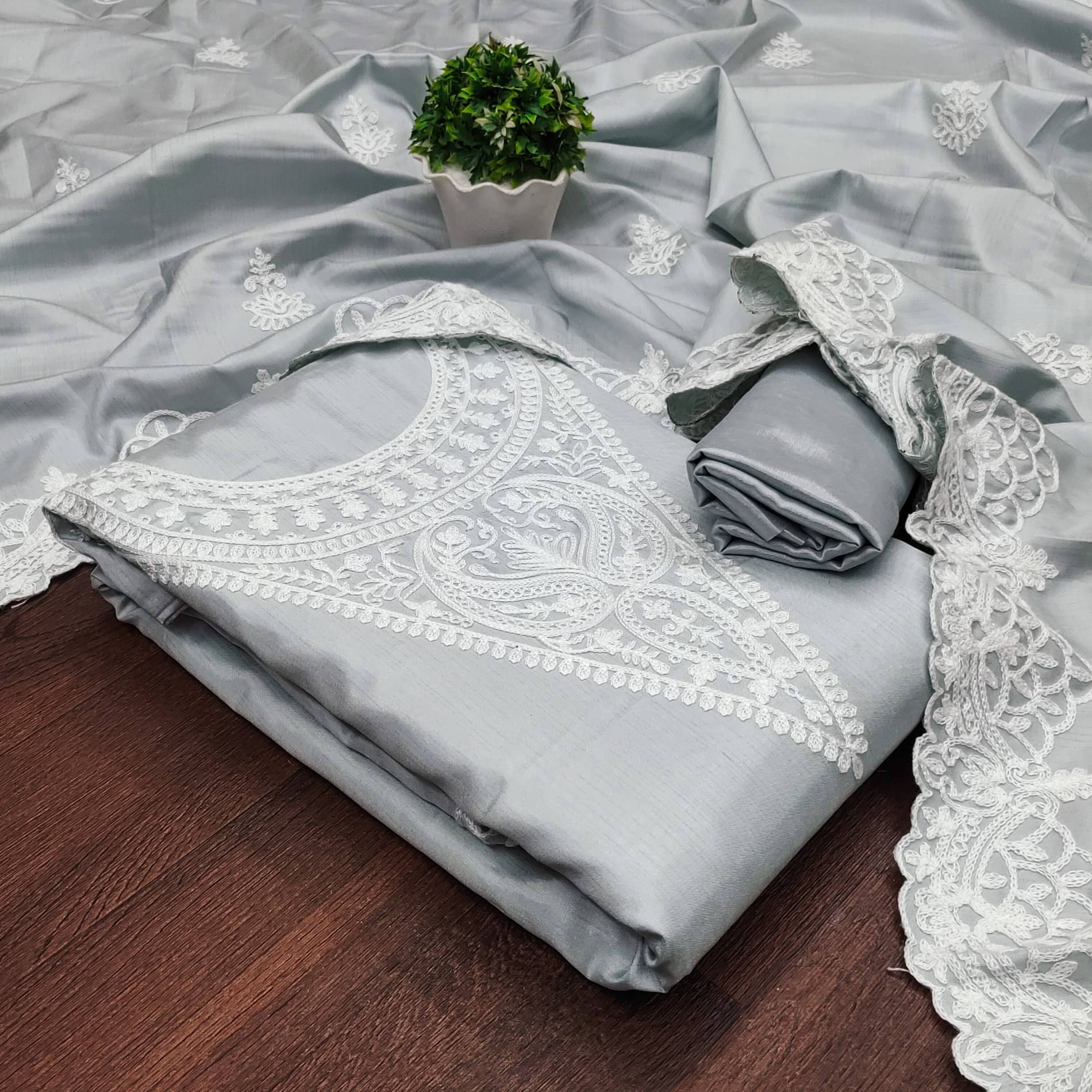 Rangtulika Ethnics Women Silk Unstitched Dress Material ( Grey ) Rangtulika Ethnics Women Silk Unstitched Dress Material ( Grey )