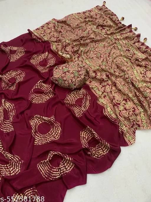 SHRIMORI Crepe Printed Sambalpuri Saree With Unstitched Blouse Piece ( Maroon ) SHRIMORI Crepe Printed Sambalpuri Saree With Unstitched Blouse Piece ( Maroon )