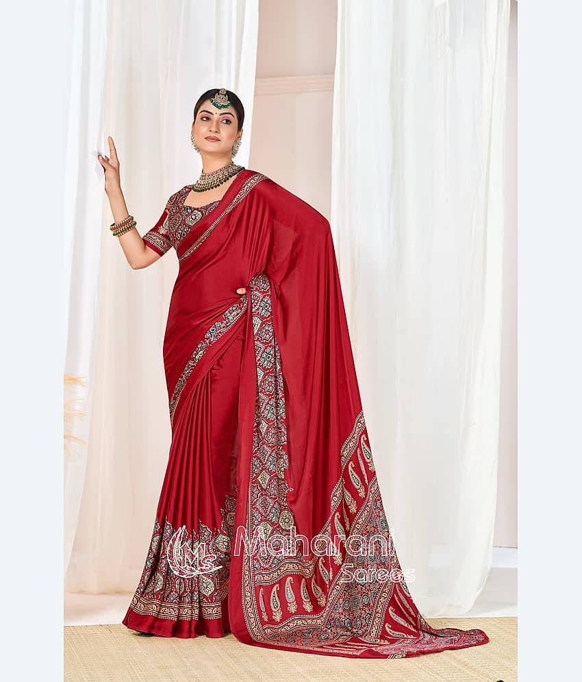 Sanwariya Silks Crepe Printed Sambalpuri Saree With Unstitched Blouse Piece ( Maroon ) - Sarees | Buy online on ZillyBuy