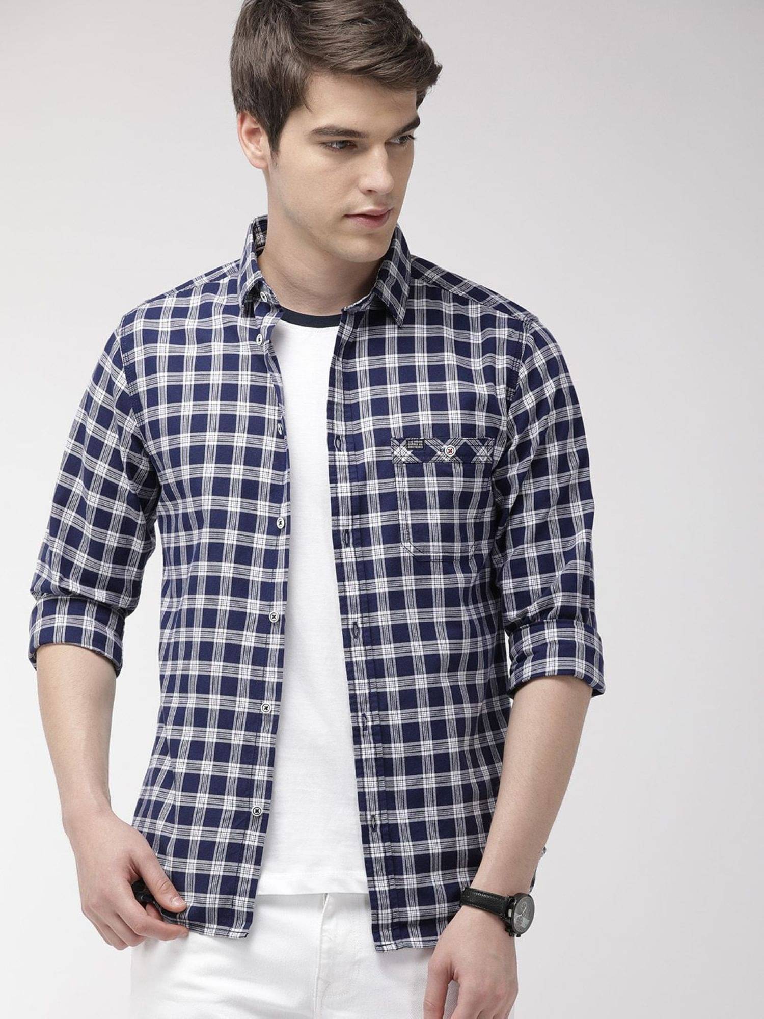     			The Indian Garage Co. 100% Cotton Slim Fit Checks Full Sleeves Men's Casual Shirt - Navy Blue ( Pack of 1 )