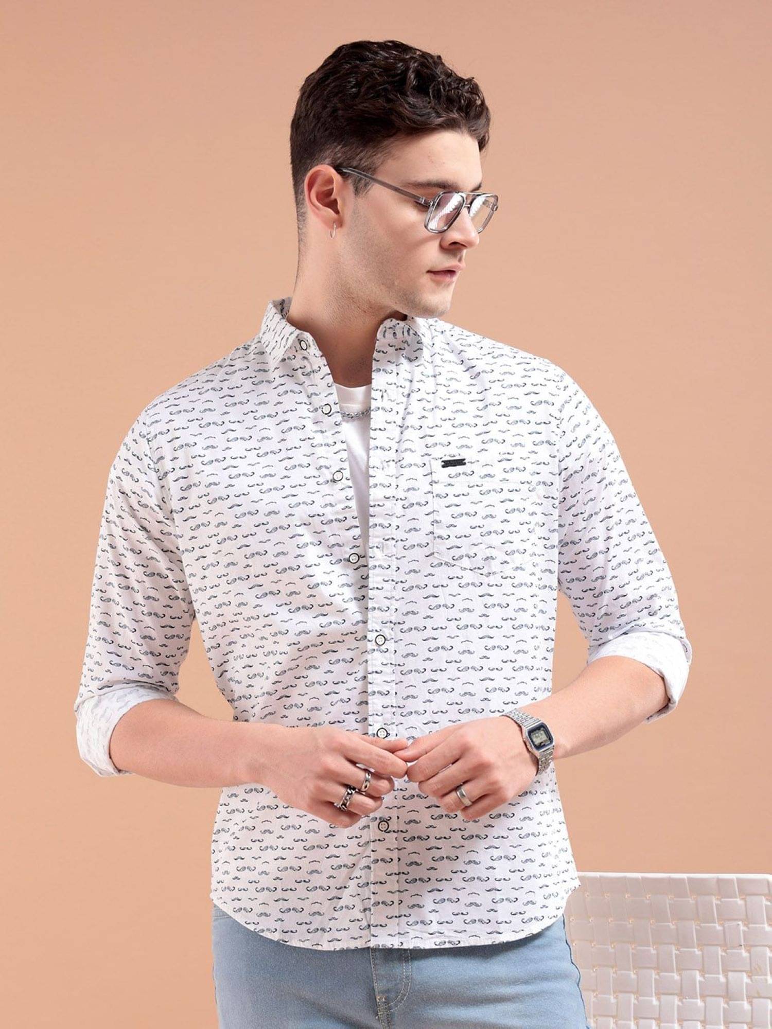     			The Indian Garage Co. 100% Cotton Slim Fit Printed Full Sleeves Men's Casual Shirt - White ( Pack of 1 )