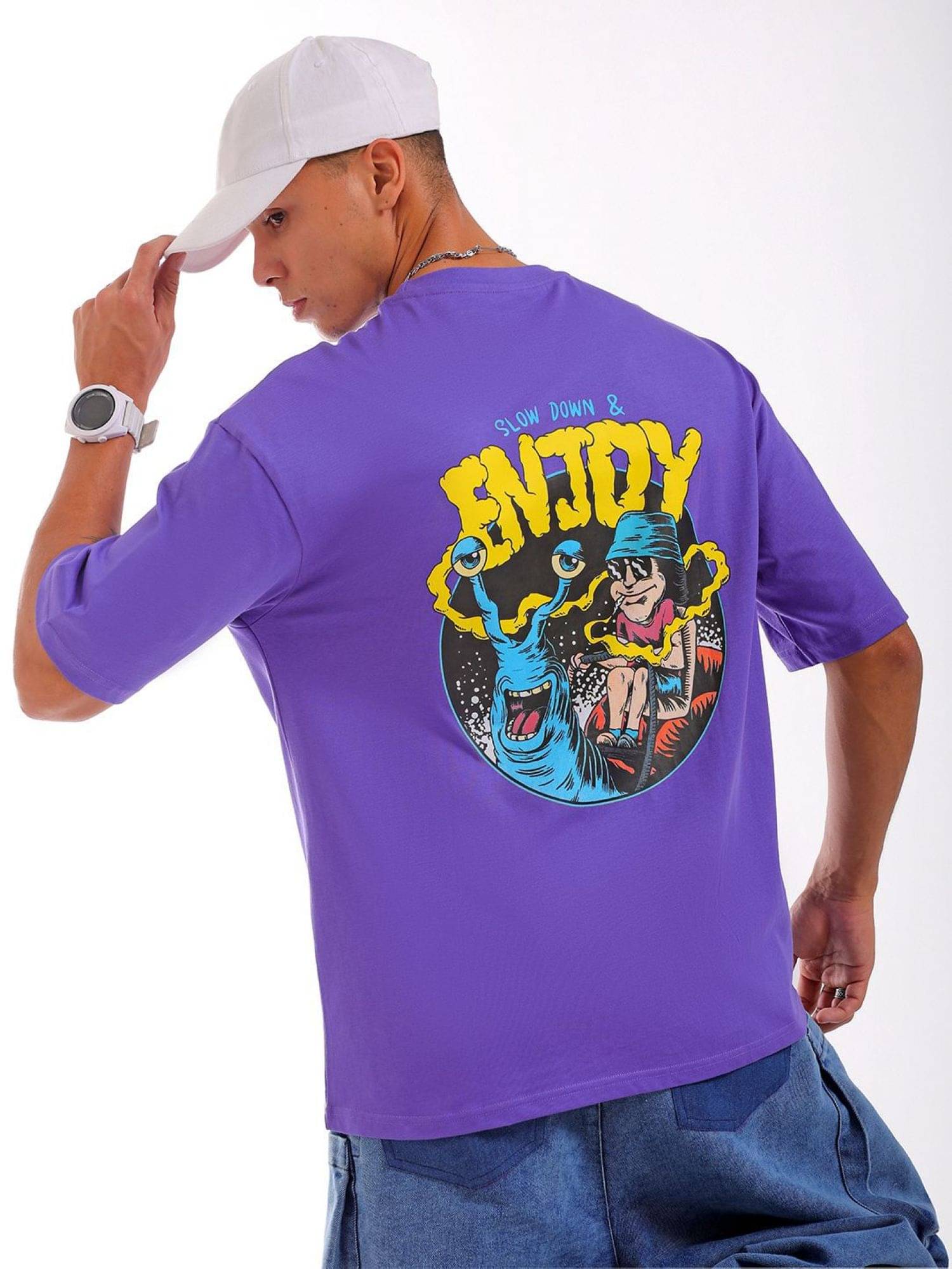     			The Indian Garage Co. Men 100% Cotton Oversized Fit Printed T-Shirt ( Purple )