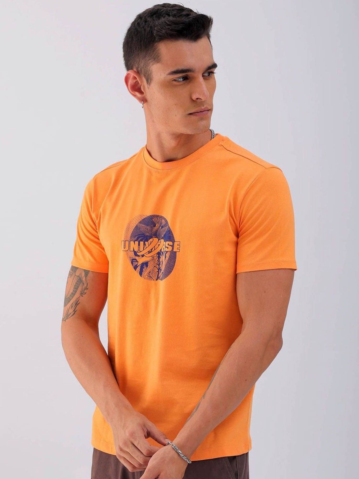 The Indian Garage Co. Men 100% Cotton Slim Fit Printed T-Shirt ( Orange )     			The Indian Garage Co. Men 100% Cotton Slim Fit Printed T-Shirt ( Orange )