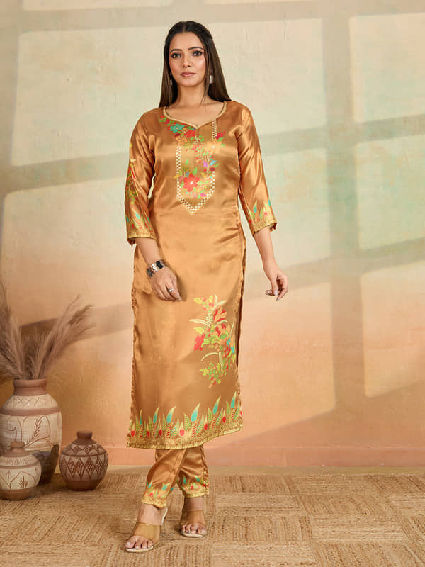 Women Basket Women Rayon Printed Straight Kurti With Pants ( Mustard )
